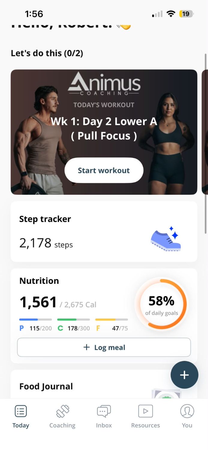 App screen: today's workout and nutrition
