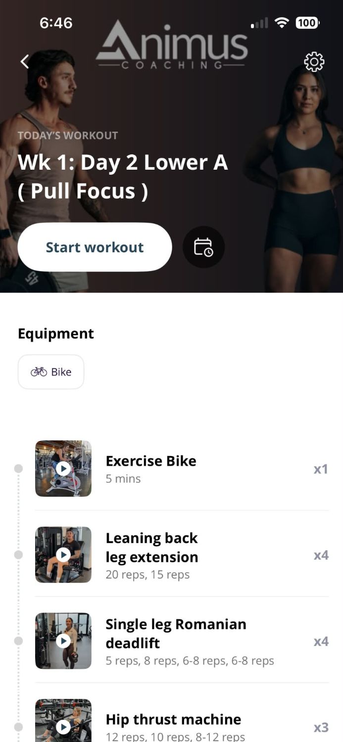App screen: workout with exercise videos
